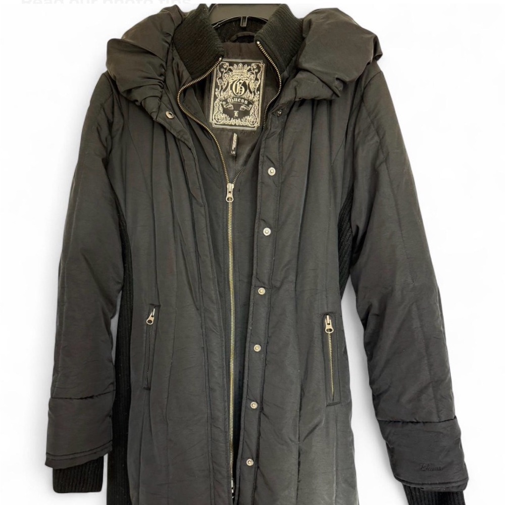 Guess Black Long Puffer Coat Jacket Womens Size Large mob wife